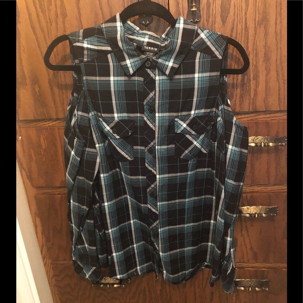 Flannel looking cold shoulder top